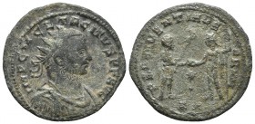 Tacitus, ca. 275-6 AD, AE Antonininian, Tripolis Mint
Radiate, draped and cuirassed bust of Tacitus right
Emperor holding sceptre, receives globe from...