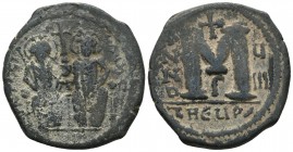 Justin II 565-578 AD, AE follis, Antioch (Theoupolis) Mint, 571/572 AD
...I-..., Justin II, on left, and Sophia, on right, seated facing on double thr...