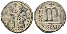 Phocas 602-610 AD, AE follis, Antioch (Theoupolis) Mint, 602/603 AD,
...-NϵPϵAV, Phocas on left and Leontia on right standing facing, Phocas holds glo...