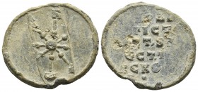 Byzanine lead seal of scholarios, name illegible, c. X/XI century
Monogram: from the central Θ radiate eight spokes, ending with the letters. R and Ω ...