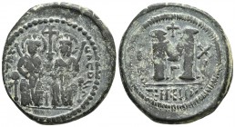 Justin II 565-578 AD, AE follis, Antioch (Theoupolis) Mint, 571/572 AD
...VATHt-...VACDSIA..., Justin II, on left, and Sophia, on right, seated facing...