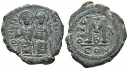 Justin II 565-578 AD, AE follis, Constantinople Mint, 575/576 AD
ONIVSTI-NVSPP..., Justin II, on left, and Sophia, on right, seated facing on double t...