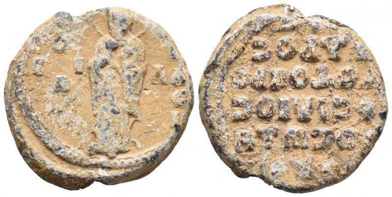 Byzantine lead seal, Basil, protoproedros, c. XI century
St Basil standing, hold...