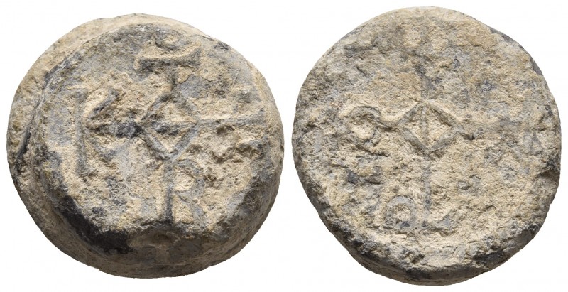 Byzantine lead seal, c.VII 
Cruciform monogram. Θ central, at the end of left ar...