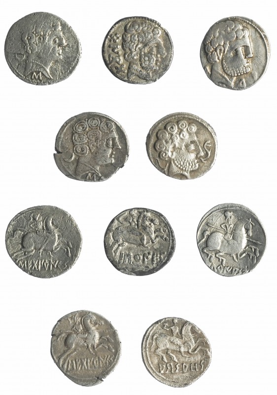 HISPANIA ANTIGUA. Lote 5 denarios: Arsaos, Baskunes, Sekobirikes (2) y Turiasu. ...