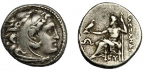 GRECIA ANTIGUA. MACEDONIA. A nombre de Alejandro III. Dracma. Mylasa (310-301 a.C.). R/ Delante monnograma omega y x y debajo del trono EY. PRC-2479. ...