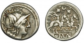 REPÚBLICA ROMANA. Acuñaciones anónimas. Denario. Roma (208-206 a.C.). R/ Los Dióscuros a der., encima estrella y creciente; en exergo ROMA en cartela....
