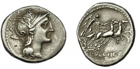 REPÚBLICA ROMANA. CLAUDIA. Denario. Roma (110-109 a.C.). R/ Victoria en biga a der.; C PVLCHER. AR 3,95 g. 18,7 mm. CRAW-300.1. FFC-565. MBC.