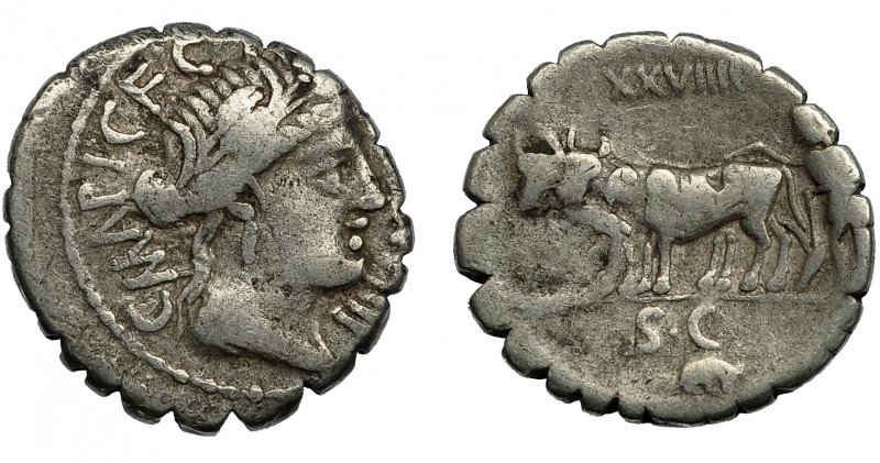 REPÚBLICA ROMANA. MARIA. Denario. Roma (81 a.C.). A/ Marca número. R/ Yunta fund...