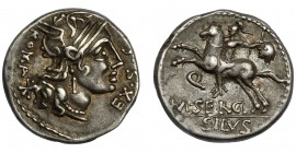 REPÚBLICA ROMANA. SERGIA. Denario. Norte de Italia (116-115 a.C.). A/ Cabeza de roma a der., detrás marca de valor y ROMA, delante SC. R/ A/M SERGI y ...