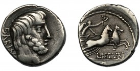 REPÚBLICA ROMANA. TITURIA. Roma (89 a.C.). A/ SABIN. R/ Victoria con corona en biga a der.; debajo L TITVRI, en exergo letra. AR 3,71 g. 17,2 mm. CRAW...