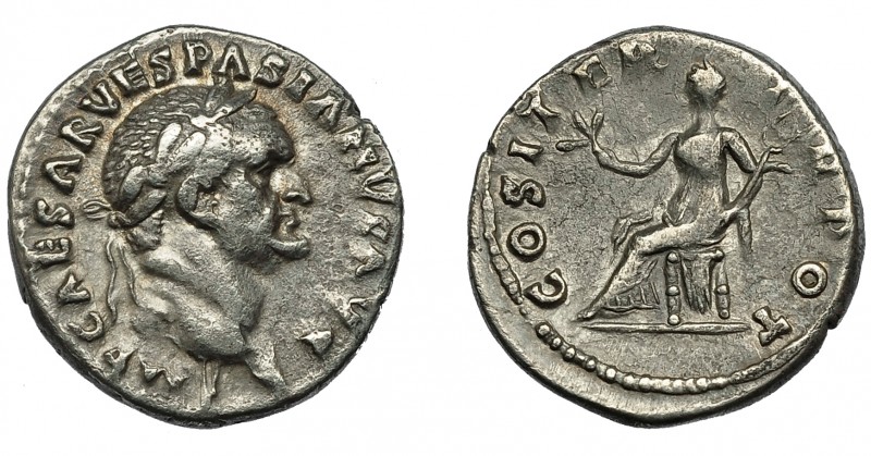 IMPERIO ROMANO. VESPASIANO. Denario. Roma (70). A/ Cabeza laureada a der. R/ Pax...