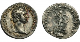 IMPERIO ROMANO. DOMICIANO. Denario. Roma (87 d.C.) R/ Minerva sobre proa avanzando a der. con lanza y escudo, a der. lechuza; IMP XIIII COS XIII CENS ...