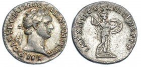 IMPERIO ROMANO. DOMICIANO. Denario. Roma (87). A/ Cabeza laureada a der.; IMP CAES DOMIT AVG GERM P M TR P VII. R/ Minerva avanzando a der. con lanza ...