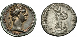 IMPERIO ROMANO. DOMICIANO. Denario. Roma (89 d.C.). R/ Minerva avanzando a der. con lanza y escudo; IMP XXI COS XIIII CENS P P P. AR 2,97 g. 18,1 mm. ...