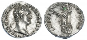 IMPERIO ROMANO. DOMICIANO. Denario. Roma (92-93). A/ Cabeza laureada a der.; IMP CAES DOMIT AVG GERM P M TR P XII. R/ Minerva a izq. Con haz de rayos,...