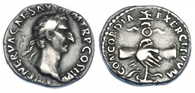 IMPERIO ROMANO. NERVA. Denario. Roma (97 d.C.). A/ Cabeza laureada a der.; IMP NERVA CAES AVG P M TR P COS P P. R/ Manos saludándose y sosteniendo est...