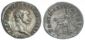 IMPERIO ROMANO. TRAJANO. Denario. Roma (98-99). A/ Cabeza laureada a der.; IMP CAES NERVA TRAIAN AVG GERM. R/ Victoria sentada a izq. con pátera y pal...