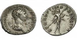 IMPERIO ROMANO. TRAJANO. Denario. Roma (112-114). R/ Marte avanzando a der. con lanza y trofeo; SPQR OPTIMO PRINCIPI. AR 3,49 g. 20,6 mm. RIC-269. MBC...