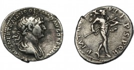 IMPERIO ROMANO. TRAJANO. Denario. roma (114-117). R/ Marte avanzando a der. con lanza y trofeo; P M TR P (COS) VI P P SPQR. AR 3,17 g. 18,4 mm. RIC-33...