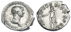 IMPERIO ROMANO. TRAJANO. Denario. Roma (114-117). A/ Busto laureado y drapeado a der. R/ Genio a izq. con pátera y espigas; P M TR P COS VI P P SPQR. ...