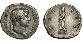 IMPERIO ROMANO. ADRIANO. Denario. Roma (125-128). R/ Pudicitia velada de pie a izq.; COS III. AR 3,19 g. 18,9 mm. RIC-846. Golpe en rev. MBC.