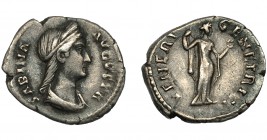 IMPERIO ROMANO. SABINA. Denario. Roma (117-128). R/ Venus a izq. con manzana; VENERI GENETRICI. AR 2,54 g. 17,3 mm. RIC-2576. MBC.