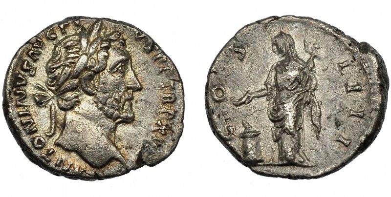 IMPERIO ROMANO. ANTONINO PÍO. Denario. Roma (154-155) R/ Vesta a izq. con pátera...