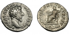 IMPERIO ROMANO. MARCO AURELIO. Denario. Roma (161). R/ Concordia sentada a izq. con pátera y apoyada en Spes; CONCORDIA AVG TR P XV, en exergo COS III...