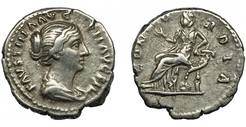 IMPERIO ROMANO. FAUSTINA LA MENOR. Denario. Roma (160-161). R/ Concordia sentada...