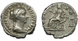IMPERIO ROMANO. FAUSTINA LA MENOR. Denario. Roma (160-161). R/ Concordia sentada a izq. con flor y apoyada en cornucopia; CONCORDIA. AR 3,31 g. 18,4 m...