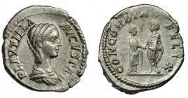 IMPERIO ROMANO. PLAUTILA (esposa de Caracalla). Denario. Roma (202-205). R/ Caracalla dando la mano a Plautila; CONCORDIA FELIX. AR 3,47 g. 18,9 mm. M...
