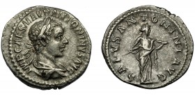 IMPERIO ROMANO. HELIOGÁBALO. Denario. Roma (220-222). R/ Salus a der. alimentando serpiente; SALVS ANTONINI AVG. AR 3,25 g. 19,8 mm. RIC-140. MBC.