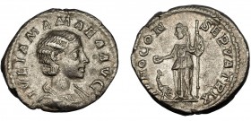 IMPERIO ROMANO. JULIA MAMEA. Denario. Roma (222). R/ Juno a izq. con pátera y cetro, a sus pies pavo real; IVNO CONSERVATORIAX. AR 2,90 g. 19 mm. RIC-...