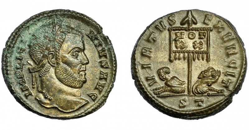 IMPERIO ROMANO. LICINIO. Follis. Ticinum (319-320). R/ Estandarte con ley. VOT/ ...