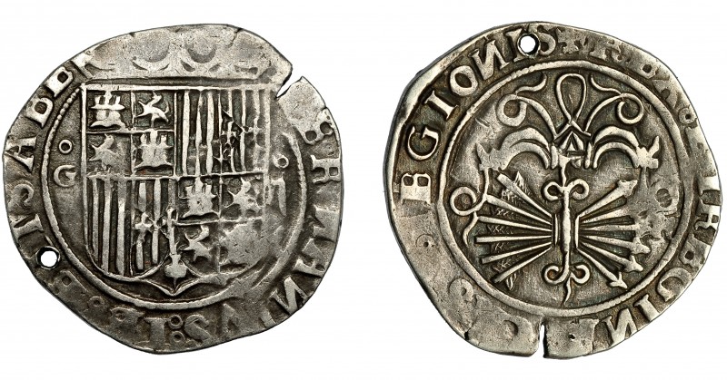 REYES CATÓLICOS. 2 reales. Granada. R. AR 6,65 g. 27,4 mm. AC-498. Agujero. MBC....