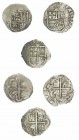 FELIPE II. Lote de 3 monedas de 1 real de Sevilla, marca de ensayador Melchor Damián. AC-258. De BC+ a MBC.