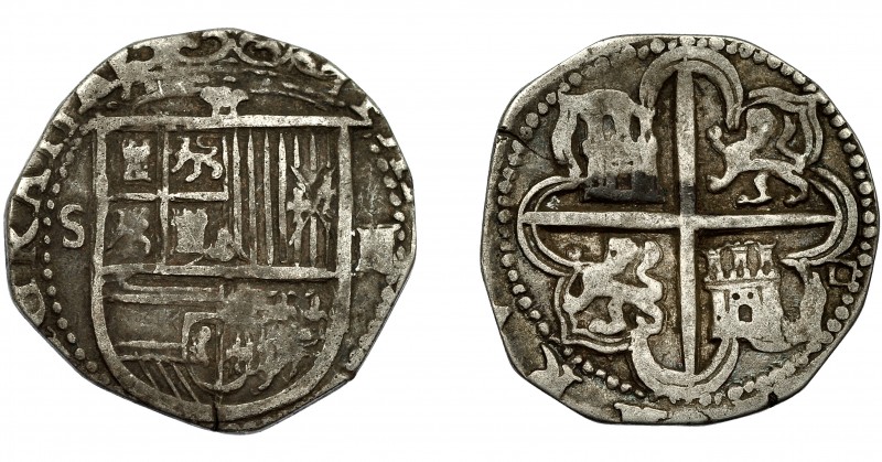 FELIPE II. 2 reales. Sevilla sin fecha. Marca de ensayador Melchor Damián en rev...