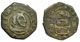 FELIPE IV. 8 maravedís. 1661. Burgos. R. A martillo. AC-302. MBC-. Muy escasa.