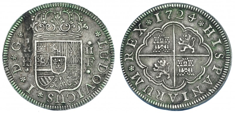 LUIS I. 2 reales. 1724. Segovia. F. VI-22. Hoja en anv. MBC+.