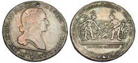 CARLOS IV. Medalla de Proclamación. 1789. Chile. Grabador: Nazaval. AE 43,5 mm. H-130 vte. Finas rayas y agujero. MBC-.