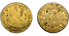CARLOS IV. 8 reales. 1791. Lima. IJ. VI-753. Sobredorada y con resellos chinos. BC+/MBC. Escasa.