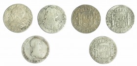 FERNANDO VII. Lote de 3 monedas de 8 reales: Carlos II, Carlos IV y Fernando VII. RC/BC+.