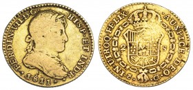 FERNANDO VII. 2 escudos. 1811. Cádiz. CI. Busto drapeado. VI-1303. Punzón en anv. y hojita en rev. BC+. Rara.