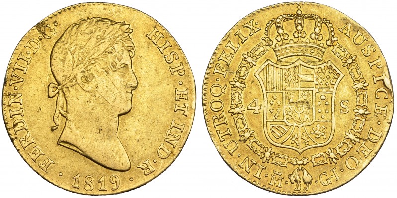 FERNANDO VII. 4 escudos. 1819. Madrid. GJ. VI-1424. Hojitas, golpecitos y soldad...