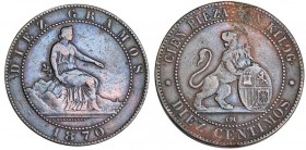 GOBIERNO PROVISIONAL. 10 céntimos. 1870. Barcelona. OM. VII-6. Oxidación limpiada en rev. MBC.