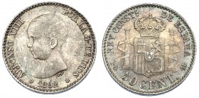 ALFONSO XIII. 50 céntimos. 1892*9-2. Madrid. PGM. VII-141. Ligera pátina. EBC.
