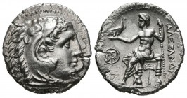 REYES DE MACEDONIA, Alejandro III, Magno. Dracma. (Ar. 3,58g/19mm). 336-323 a.C. Miletos. (Price 2148). Anv: Cabeza de Heracles a derecha con cabeza d...