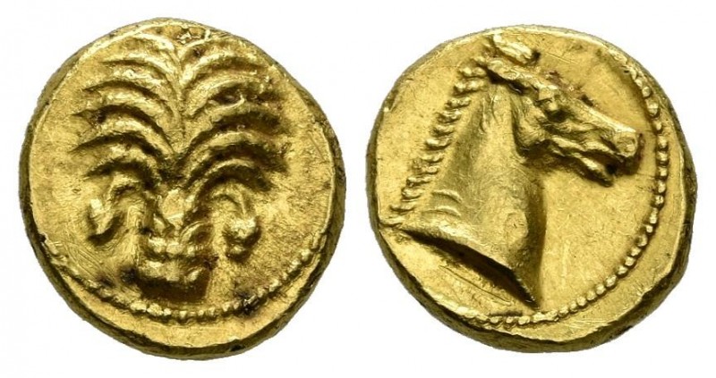 ZEUGITANIA, Cártago. 1/10 shekel. (Au. 1,00g/8mm). 350-320 a.C. Anv: Palmera. Re...