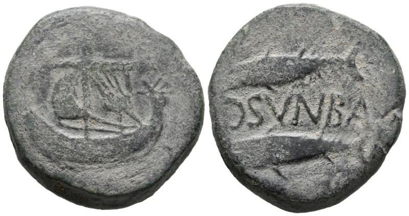 OSONUBA (Faro, Portugal). As. (Ae. 32,28g/34mm). 50 a.C. Anv: Nave a izquierda. ...